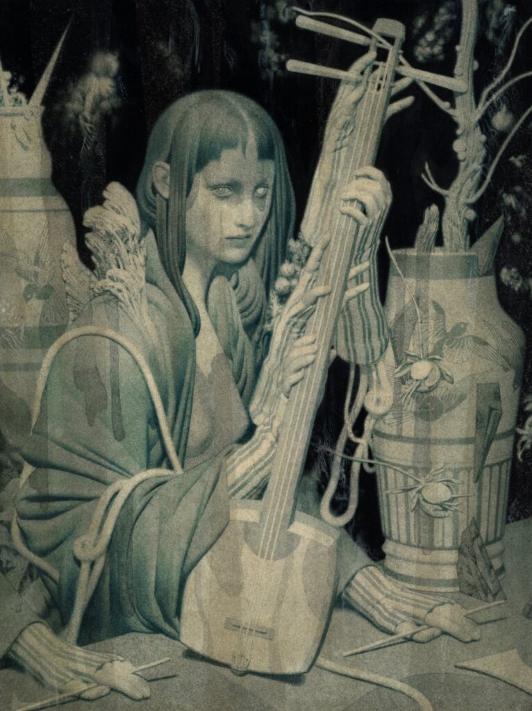painting of a woman playing an instrument by Joao Ruas
