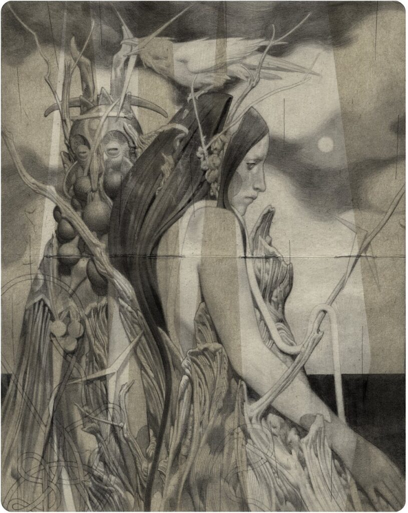 drawing of two figures clad in wood clothing by Joao Ruas