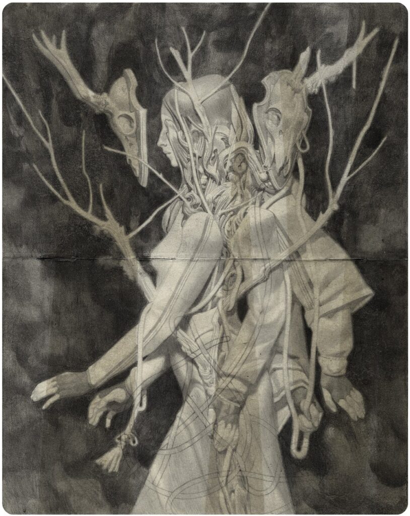 drawing of a figure with branches extending from it by Joao Ruas