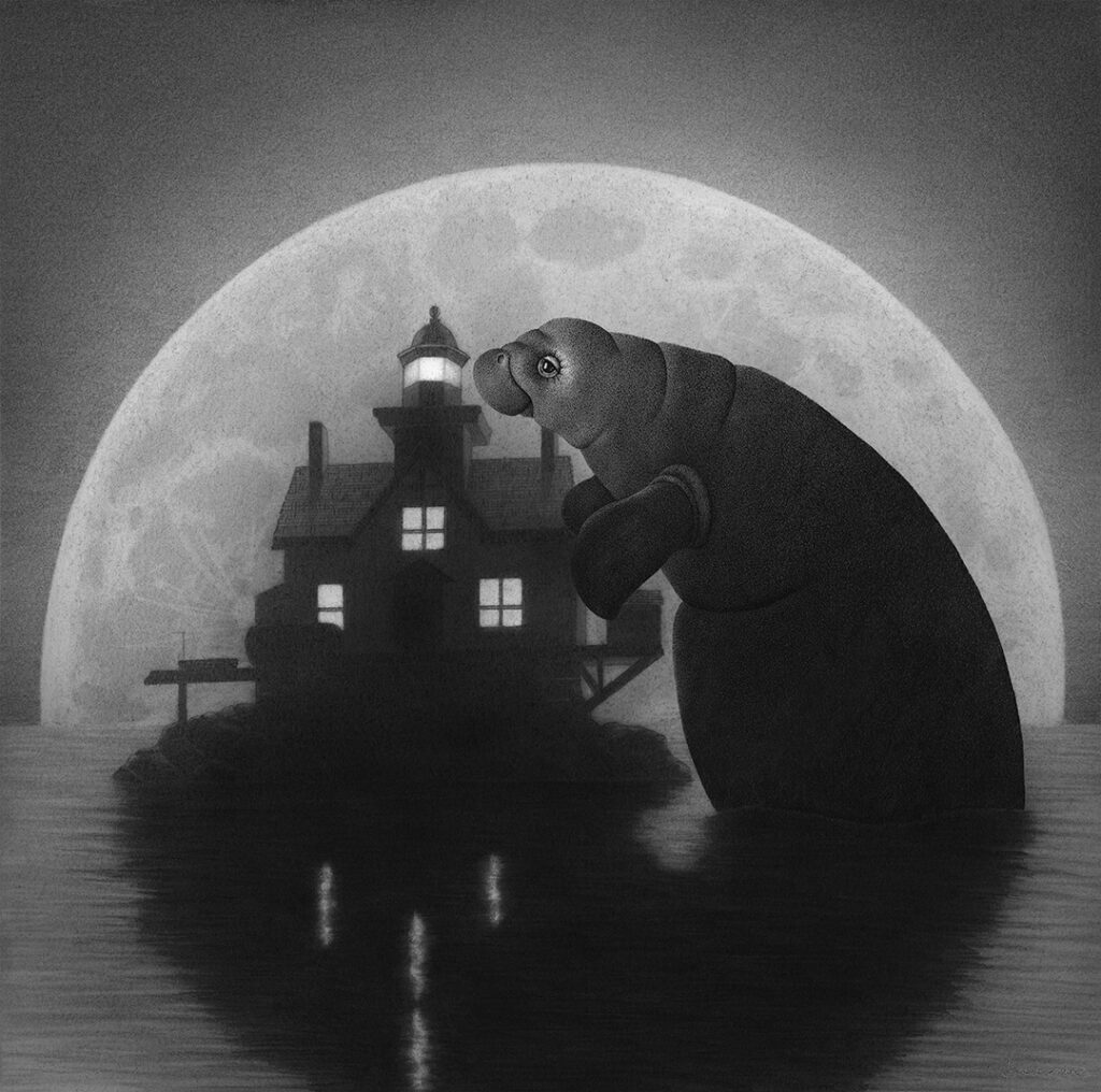 drawing of a manatee and a lighthouse by Juliet Schreckinger