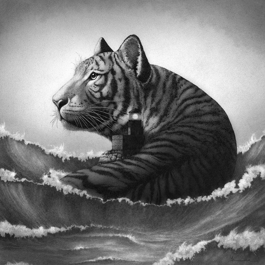 drawing of a tiger and a lighthouse amongst a wavy sea by Juliet Schreckinger