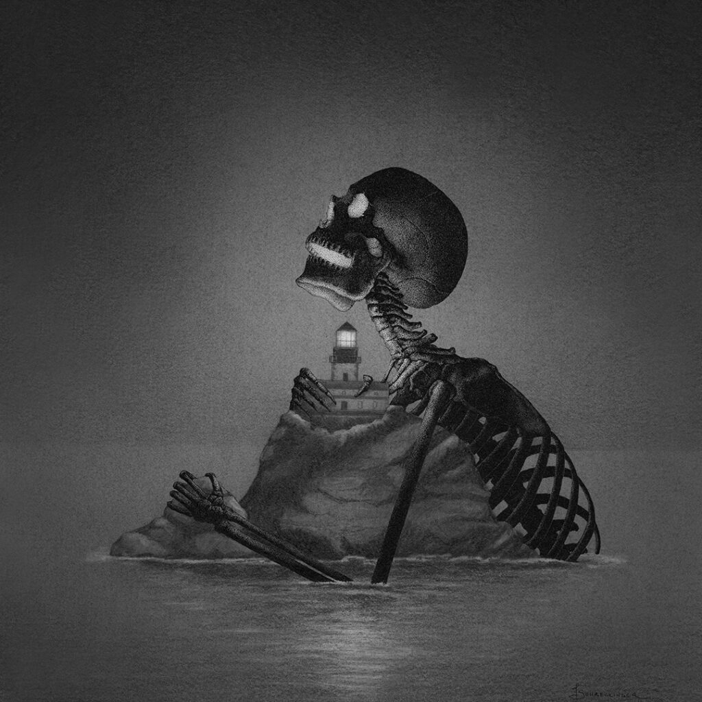drawing of a skeleton embracing an island with a lighthouse by Juliet Schreckinger