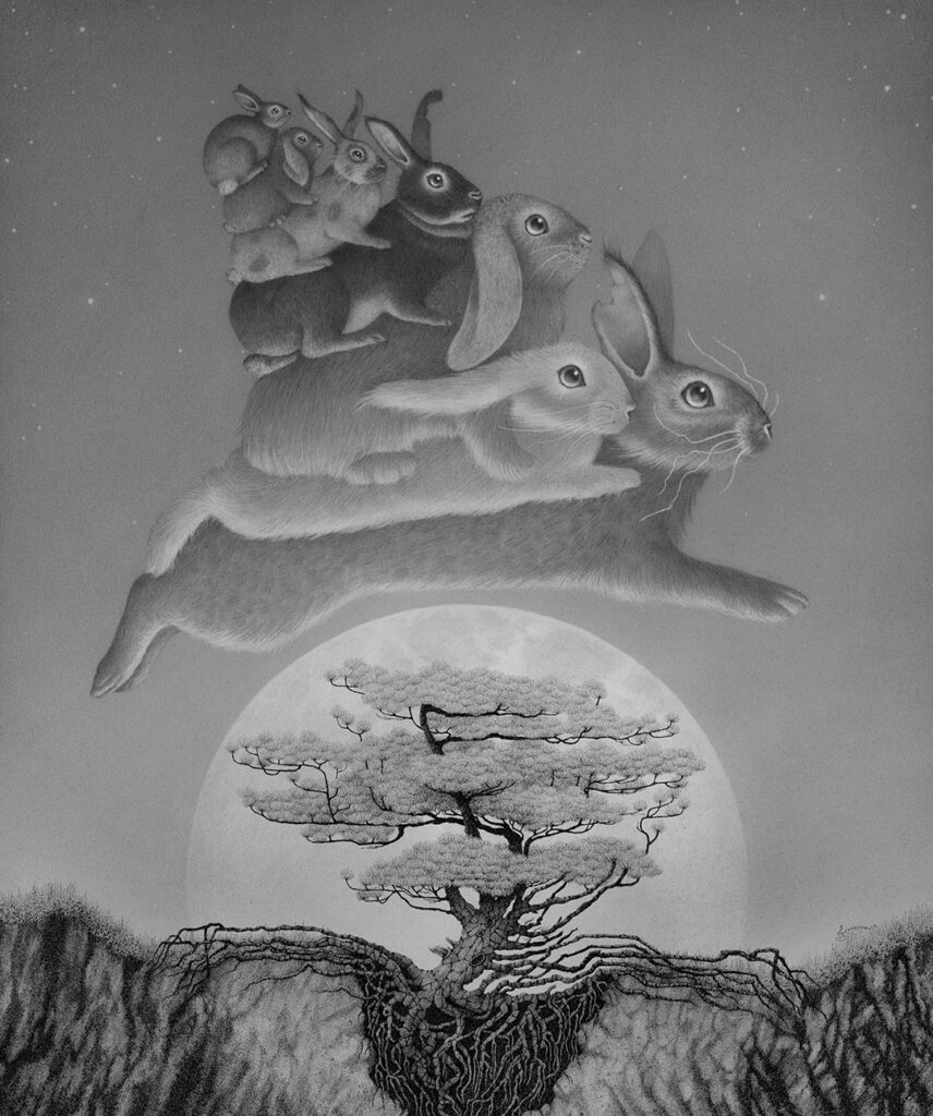 drawing of several rabbits jumping over the moon by Juliet Schreckinger