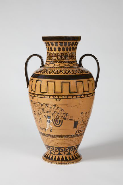 ceramic vase featuring Jackie Robinson by Roberto Lugo