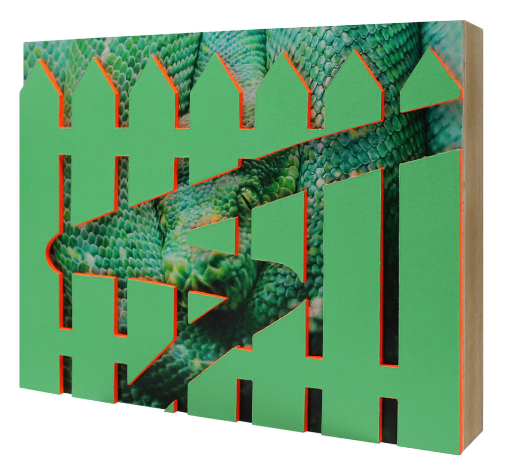 three dimensional artwork of a snake and a picket fence by Sarah Jamison