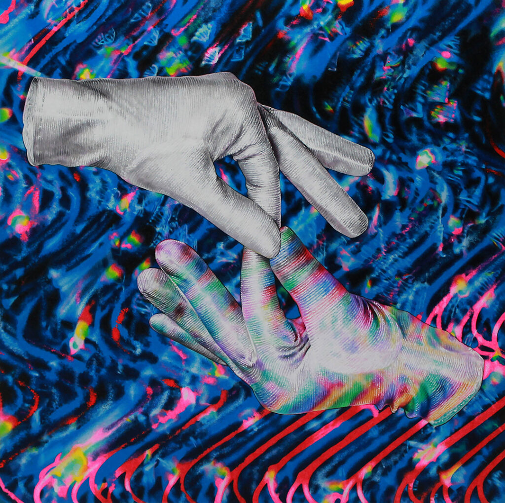 artwork featuring two masked gloves making an infinity symbol by Sarah Jamison
